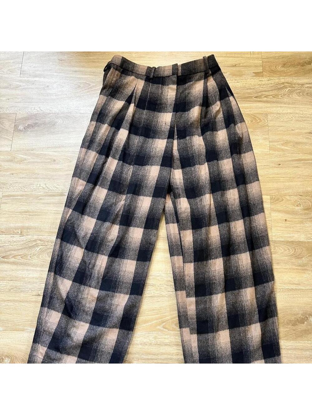 COS Brown Check Tartan Woven Wide Leg Trousers Wool Plaid Checkered Sz 34